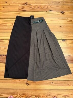 Zara Chocolate Pin Striped & Checkered Asymmetrical Midi Skirt with Buckle